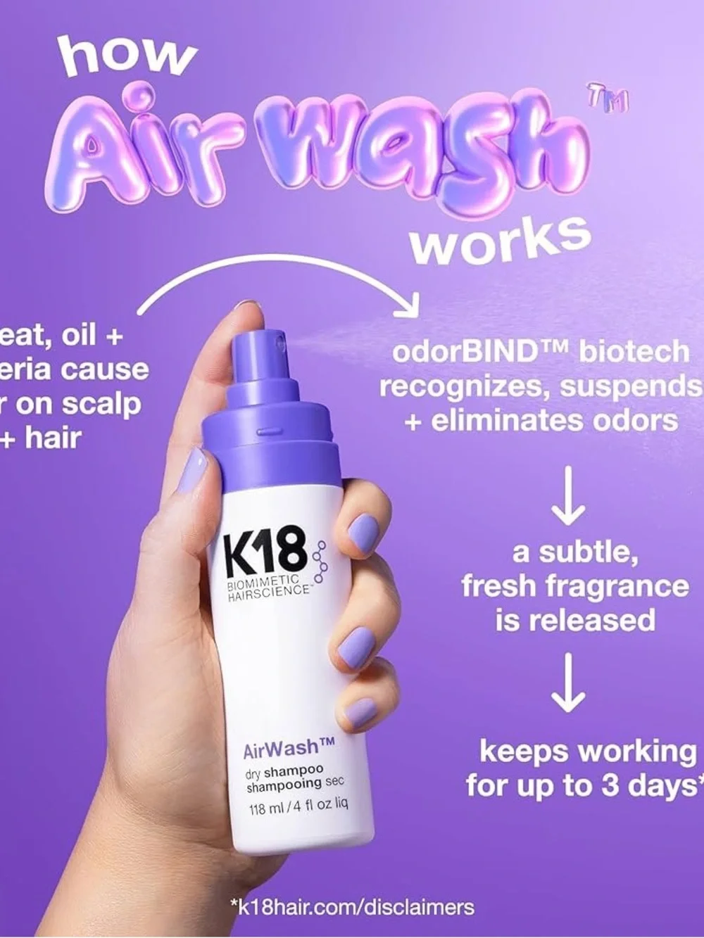 K18 biomimetic hairscience AirWash Dry Shampoo - White 118ml 4 oz